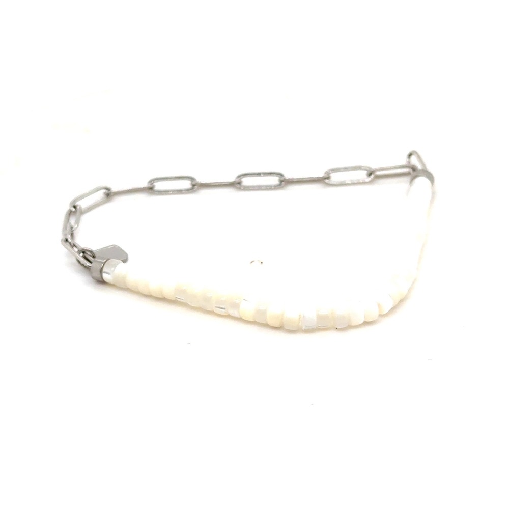 Pura Vida White Iridescent Beaded Paperclip Chain Bracelet Silver Tone Charm